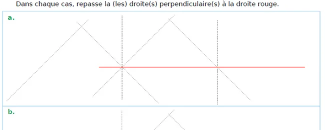 Figure a droite rouge horizontale Figure a : droites pointillées dans plusieurs directions et une droite rouge horizontale — exercice de maths en CM1 sur les droites perpendiculaires