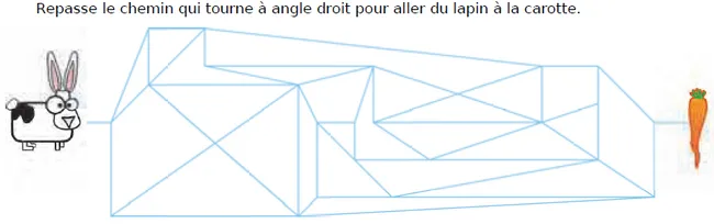 Labyrinthe du lapin à la carotte Labyrinthe de segments bleus entre un lapin à gauche et une carotte à droite — exercice de maths en CM1 sur les droites parallèles et perpendiculaires
