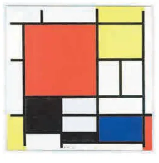 Peinture de Piet Mondrian Peinture de Piet Mondrian avec rectangles rouge, jaunes, bleu et blanc séparés par des traits noirs — exercice de maths en CM1 sur les droites parallèles et perpendiculaires
