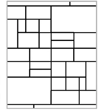 Rectangle de Mondrian à colorier Rectangle blanc découpé par des traits noirs en nombreux rectangles à colorier — exercice de maths en CM1 sur les droites parallèles et perpendiculaires