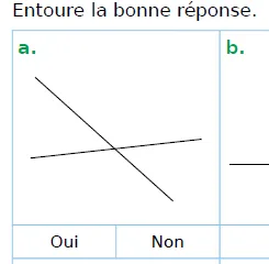 Figure a deux droites sécantes Figure a : deux droites sécantes, l’une presque horizontale et l’autre oblique — exercice de maths en CM1 sur les droites perpendiculaires