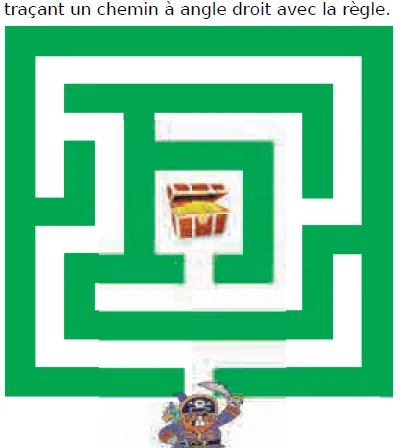 Labyrinthe vert et coffre au trésor Labyrinthe vert rectangulaire avec un coffre au trésor en son centre — exercice de maths en CM1 sur les droites perpendiculaires