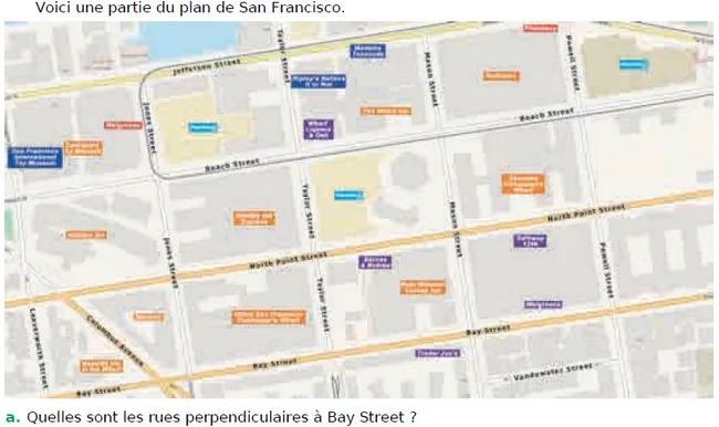 Plan de San Francisco Plan de rues de San Francisco avec Bay Street, North Point Street, Beach Street et Ripley’s Believe It or Not — exercice de maths en CM1 sur les droites perpendiculaires