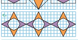 Frise c d'étoiles Frise c d'étoiles à quatre branches orange et violettes autour de carrés blancs sur quadrillage — exercice de maths en CM1 sur la construction de figures et reproduction de frises