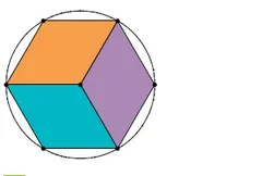 Cercle modèle 1 avec losanges Cercle modèle avec trois losanges orange, violet et turquoise formant un cube dessiné — exercice de maths en CM1 sur la construction de figures et losanges dans un cercle