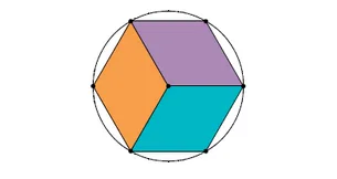 Cercle modèle 2 avec losanges Deuxième cercle modèle avec trois losanges orange, violet et turquoise formant un cube dessiné — exercice de maths en CM1 sur la construction de figures et losanges dans un cercle