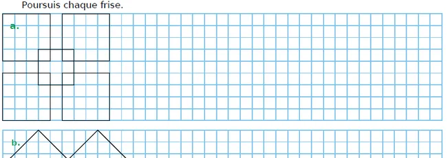Frise a de carrés à poursuivre Frise a de carrés qui se chevauchent tracée à gauche d'un quadrillage à poursuivre vers la droite — exercice de maths en CM1 sur la construction de figures et frises