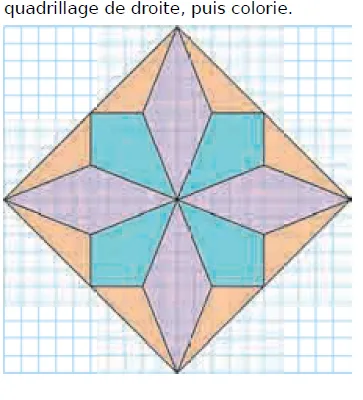 Figure en étoile à reproduire Grand carré sur la pointe contenant une étoile à quatre branches violettes, des carrés turquoise et des triangles orange, à reproduire dans le quadrillage voisin — exercice de maths en CM1 sur la construction de figures