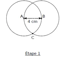 Cercles sécants étape 1 Étape 1 : deux cercles sécants passant par A et B distants de 4 cm, avec le point C — exercice de maths en CM1 sur la construction de figures