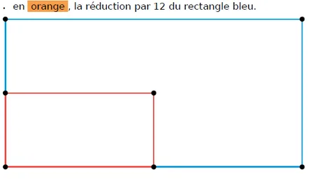 Rectangles bleu et rouge Rectangle bleu de 12 cm sur 6 cm contenant un rectangle rouge, sa réduction par 2 — exercice de maths en CM1 sur la construction de figures et les réductions