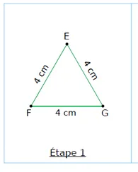 Triangle équilatéral EFG Étape 1 : triangle équilatéral EFG vert dont les trois côtés mesurent 4 cm — exercice de maths en CM1 sur la construction de figures