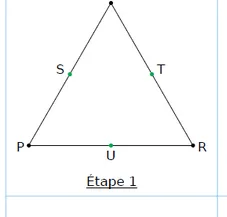 Triangle PNR et milieux Étape 1 : triangle équilatéral PNR avec les milieux S, T et U de ses côtés — exercice de maths en CM1 sur la construction de figures