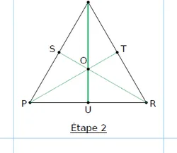 Hauteurs et point O Étape 2 : triangle PNR avec ses hauteurs se coupant en O et la hauteur NU en vert — exercice de maths en CM1 sur la construction de figures