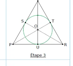 Cercle inscrit vert Étape 3 : triangle PNR avec son cercle inscrit vert de centre O passant par S, T et U — exercice de maths en CM1 sur la construction de figures