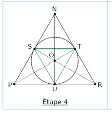 Triangle STU en vert Étape 4 : triangle STU tracé en vert à l'intérieur du cercle inscrit de PNR — exercice de maths en CM1 sur la construction de figures