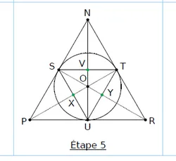 Points V, X et Y Étape 5 : triangle STU avec ses milieux V, X et Y marqués dans le cercle — exercice de maths en CM1 sur la construction de figures