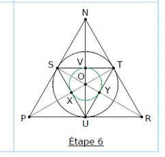 Petit cercle vert Étape 6 : petit cercle vert centré en O passant par V, X et Y dans le triangle STU — exercice de maths en CM1 sur la construction de figures