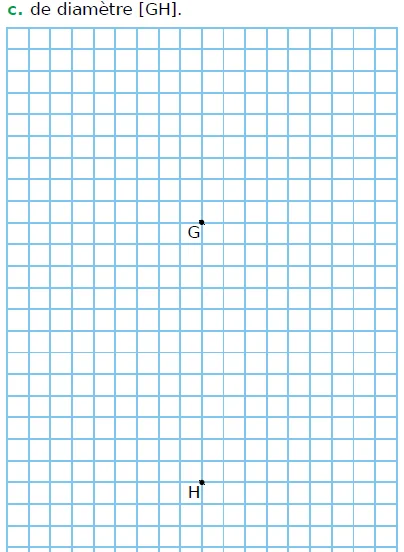 Quadrillage avec points G et H Quadrillage bleu avec deux points G et H placés l'un au-dessus de l'autre pour tracer des cercles — exercice de maths en CM1 sur la construction de figures et cercles de centre et de diamètre donnés