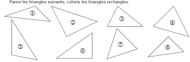 Huit triangles numérotés Huit triangles numérotés de 1 à 8 dont certains sont rectangles, à colorier — exercice de maths en CM1 sur la construction de figures et reconnaissance des triangles rectangles