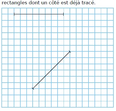 Quadrillage avec deux segments Quadrillage bleu avec un segment horizontal et un segment oblique déjà tracés pour construire deux triangles rectangles — exercice de maths en CM1 sur la construction de figures