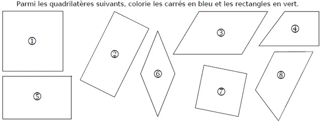 Huit quadrilatères numérotés Huit quadrilatères numérotés de 1 à 8 : carrés, rectangles, losange et parallélogrammes à colorier — exercice de maths en CM1 sur la construction de figures et reconnaissance des quadrilatères