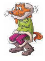 Renard grelottant en pull vert Renard dessiné assis, vêtu d'un pull vert et de bottes, grelottant de froid — exercice de maths en CM1 sur la proportionnalité
