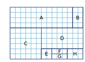 Quadrillage de rectangles A à H Figure sur quadrillage découpée en rectangles et carrés nommés A, B, C, D, E, F, G et H — exercice de maths en CM1 sur la proportionnalité