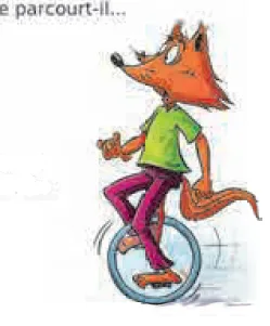 Renard sur un monocycle Renard dessiné faisant du monocycle, pull vert et pantalon violet — exercice de maths en CM1 sur la proportionnalité et la vitesse constante
