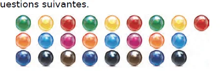 Vingt-cinq billes colorées Vingt-cinq billes de couleurs rangées en trois lignes — exercice de maths en CM2 sur la division et le partage équitable