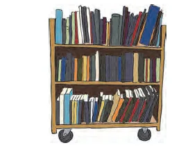 Bibliothèque roulante remplie de livres Bibliothèque roulante en bois remplie de livres colorés rangés sur trois étagères — exercice de maths en CM2 sur les opérations et problèmes sur achats de livres et posters