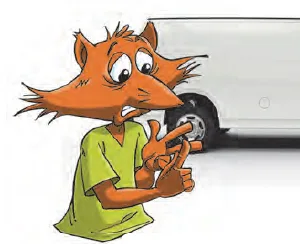 Renard qui compte sur ses doigts Renard orange en tee-shirt vert qui compte sur ses doigts, personnage de l'exercice — exercice de maths en CM2 sur les opérations et problèmes sur la masse des caisses