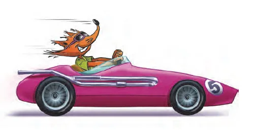 Renard dans une voiture de course rose Renard Zolan à lunettes de soleil au volant d'une voiture de course rose portant le numéro 5 — exercice de maths en CM2 sur les opérations et problèmes sur un emprunt