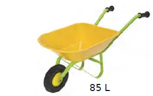 Brouette de 85 litres Brouette jaune à roue noire et manches vertes de contenance 85 L pour évacuer la terre — exercice de maths en CM2 sur les opérations et problèmes sur la construction d'une maison