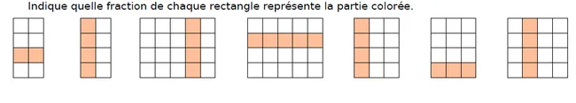 Rectangles quadrillés partiellement coloriés Sept rectangles quadrillés a à g avec des cases coloriées en orange — exercice de maths en CM2 sur les fractions d’un rectangle