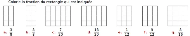 Rectangles quadrillés à colorier Sept rectangles quadrillés vierges a à g à colorier selon des fractions — exercice de maths en CM2 sur les fractions