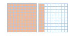 Carré et bande de cases, figure e Un carré de cent cases entièrement coloré et une bande de dix cases en partie colorée — exercice de maths en CM2 sur les fractions décimales, figure e