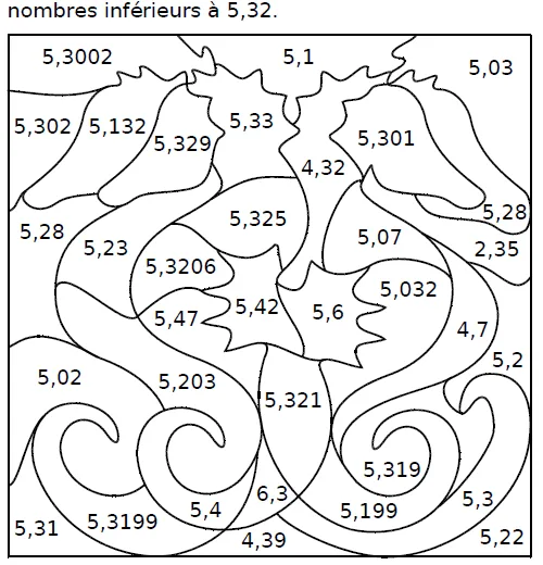 Hippocampes à colorier selon 5,32 Dessin d’hippocampes découpé en cases contenant des nombres décimaux proches de 5,32 à colorier — exercice de maths en CM2 sur la comparaison de décimaux