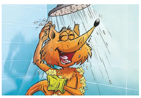 Zolan prend sa douche Zolan, un écureuil roux, prenant une douche avec une serviette verte — exercice de maths en CM2 sur les nombres décimaux et la consommation d'eau