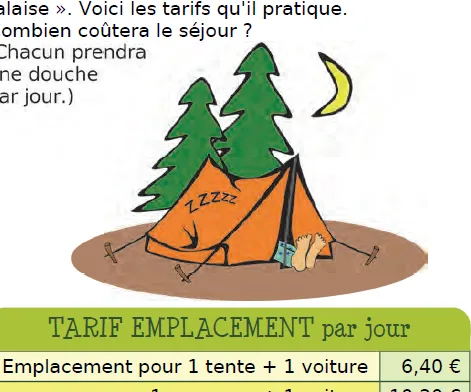 Tente de camping sous les sapins Tente orange sous deux sapins verts avec un croissant de lune, camping de la falaise — exercice de maths en CM2 sur les nombres décimaux