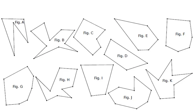 Polygones Fig. A à Fig. K Onze polygones nommés Fig. A à Fig. K, convexes ou non, à classer selon leur nombre de côtés — exercice de maths en CM2 sur les figures et constructions
