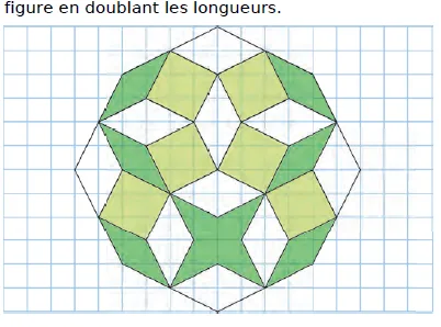 Rosace de losanges verts Rosace en polygone à douze côtés avec losanges verts et vert clair sur quadrillage — exercice de maths en CM2 sur les figures et constructions