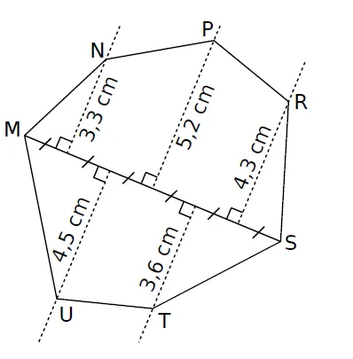 Heptagone MNPRSTU à reproduire Heptagone MNPRSTU de diagonale MS avec perpendiculaires cotées 3,3 cm, 5,2 cm, 4,3 cm, 4,5 cm et 3,6 cm — exercice de maths en CM2 sur les figures et constructions