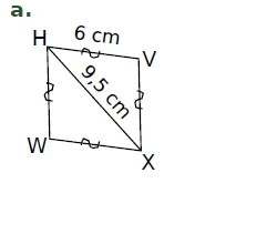 Quadrilatère HVXW et diagonale HX Quadrilatère HVXW avec HV = 6 cm et diagonale HX = 9,5 cm, côtés égaux codés — exercice de maths en CM2 sur les figures et constructions