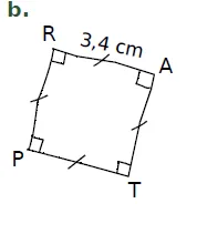 Carré RATP de côté 3,4 cm Quadrilatère RAPT avec angles droits, côtés égaux codés et RA = 3,4 cm — exercice de maths en CM2 sur les figures et constructions