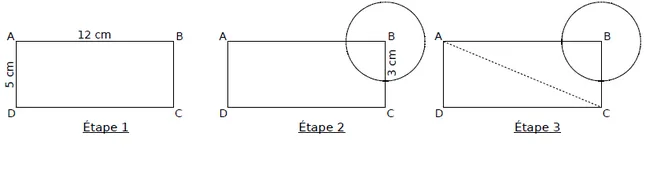Étapes 1 à 3 du rectangle ABCD Étapes 1, 2 et 3 : rectangle ABCD de 12 cm sur 5 cm, cercle de centre B, diagonale AC — exercice de maths en CM2 sur les figures et constructions