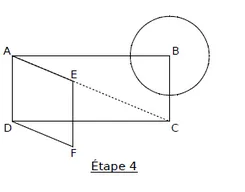 Étape 4 de la construction Étape 4 : rectangle ABCD avec cercle de centre B, diagonale AC en pointillés, points E et F — exercice de maths en CM2 sur les figures et constructions