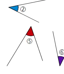 Angle ⑤ rouge Angle ⑤ rouge foncé dont le sommet est en haut, à comparer à l'angle  — exercice de maths en CM2 sur les angles