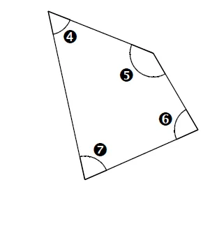Quadrilatère aux angles 4 à 7 Quadrilatère dont les quatre angles sont numérotés de 4 à 7, à colorier selon leur type — exercice de maths en CM2 sur les angles
