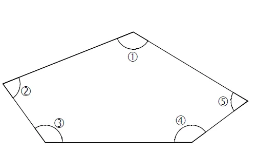 Pentagone aux angles ① à ⑤ Pentagone dont les cinq angles sont numérotés de ① à ⑤, à colorier selon leur type — exercice de maths en CM2 sur les angles