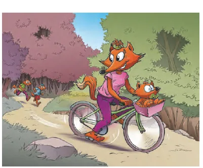 Chama à vélo avec Ruby en forêt Chama, une renarde, pédale à vélo en forêt avec Ruby dans le porte-bébé, deux promeneurs au fond — exercice de maths en CM2 sur la vitesse